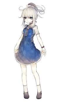 1girl ankle_socks black_choker blue_dress blue_eyes blunt_bangs brown_shoes choker closed_mouth commentary_request cross cross_earrings dress earrings frills full_body highres jewelry looking_at_viewer mary_janes medium_hair original pale_skin riuichi shoes short_sleeves simple_background socks solo standing white_background white_hair