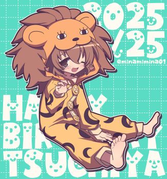 1girl animal_costume animal_hood aqua_background barefoot birthday brown_eyes brown_hair character_name claw_pose commentary dated english_text freckles girls_und_panzer girls_und_panzer_senshadou_daisakusen! happy_birthday highres hood jumpsuit leopon_(animal) looking_at_viewer minami_mina official_alternate_costume one_side_up open_mouth outline short_hair sitting smile solo text_background tsuchiya_(girls_und_panzer) twitter_username white_outline yellow_jumpsuit