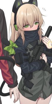 Rule 34 | 1boy, 1girl, adachi t (xadachit), animal ear headphones, animal ears, b&amp;t mp9, blonde hair, blush, cat ear headphones, cat ears, commander (girls' frontline), commentary, commission, cowboy shot, dated commentary, embarrassed, english commentary, fake animal ears, flying sweatdrops, full-face blush, girls' frontline, green eyes, green shirt, grey shorts, gun, hair between eyes, headphones, highres, holding, holding gun, holding weapon, jacket, long hair, long sleeves, magazine (weapon), muzzle device, red jacket, shirt, short shorts, shorts, shrug (clothing), sidelocks, simple background, standing, submachine gun, suppressor, tail around arm, tmp (girls' frontline), turtleneck shrug, weapon, white background
