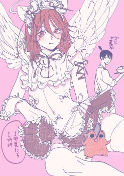 Rule 34 | 2boys, absurdres, androgynous, angel devil (chainsaw man), angel wings, animal ear hairband, animal ears, apron, bell, black hair, brown hair, brown skirt, cat ear hairband, cat ears, cat lingerie, chainsaw man, cleavage cutout, clothing cutout, commentary request, creature, fake animal ears, hair between eyes, hairband, halo, hayakawa aki, highres, lingerie, maid headdress, male focus, midriff, miniskirt, multiple boys, navel, neck bell, pink background, pochita (chainsaw man), ponytail, short ponytail, skirt, thighhighs, traditional halo, ujiiemiruka, underwear, white thighhighs, white wrist cuffs, wings, wrist cuffs
