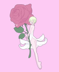 Rule 34 | 1boy, androgynous, ass, barefoot, blonde hair, braid, closed eyes, dress, expressionless, facing viewer, flower, full body, highres, holding, holding flower, king of prism, kisaragi louis, male focus, nyaasechan, oversized object, pink background, pink flower, pink rose, pretty rhythm, pretty series, rose, short hair, simple background, solo, standing, trap, white dress