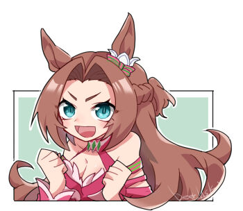1girl :d animal_ears bare_shoulders beer_hsk blue_eyes bow braid breasts brown_hair cleavage clenched_hands dress ear_bow forehead green_background hands_up horse_ears kawakami_princess_(umamusume) long_hair medium_breasts open_mouth outline parted_bangs pink_dress ponytail signature smile solo striped_bow thick_eyebrows two-tone_background umamusume v-shaped_eyebrows very_long_hair white_background white_outline