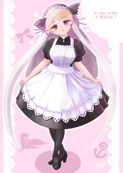 1girl absurdres alternate_costume apron black_dress black_pantyhose black_shoes blonde_hair blush center_frills crossed_legs curtsey dress enmaided fins frilled_apron frills full_body grey_hair hair_between_eyes head_fins highres kemono_friends long_hair maid maid_apron maid_headdress multicolored_hair orange_eyes pantyhose puffy_short_sleeves puffy_sleeves redrufu2000 shoes short_sleeves sidelocks solo walrus_(kemono_friends) watson_cross white_apron white_hair