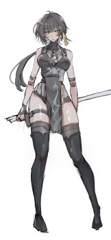 1girl absurdres bare_shoulders black_hair boots breast_cutout breasts cleavage colored_inner_hair commentary_request cross-laced_clothes cross-laced_top female_rover_(wuthering_waves) full_body gloves grey_hair hair_ornament highres holding holding_weapon jewelry long_hair looking_at_viewer low_ponytail multicolored_hair pelvic_curtain ponytail root_(050710root) rover_(wuthering_waves) sketch sleeveless solo thighhighs thighhighs_under_boots two-tone_hair weapon wuthering_waves yellow_eyes