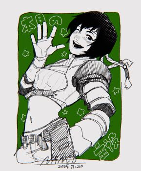 armor artist_name black_hair blush breasts chest_strap commentary cowboy_shot create_nancy crop_top dated final_fantasy final_fantasy_vii fingerless_gloves gloves green_background hand_up headband highres medium_breasts midriff monochrome one_eye_closed open_mouth pauldrons short_hair shoulder_armor single_pauldron smile symbol-only_commentary yuffie_kisaragi