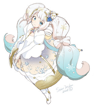 1girl absurdres agonasubi aqua_hair blue_eyes bridal_sleeves character_name commentary dress eighth_note from_above full_body gold_trim gradient_hair hair_ribbon hatsune_miku high_heels highres hoop_skirt layered_dress long_hair long_sleeves looking_at_viewer multicolored_hair musical_note musical_note_print own_hands_together puffy_long_sleeves puffy_sleeves ribbon see-through_dress_layer simple_background slippers smile snowflake_brooch snowflake_print solo star_(symbol) twintails two-tone_hair very_long_hair vocaloid white_background white_dress white_hair white_ribbon white_slippers yuki_miku yuki_miku_(2025)