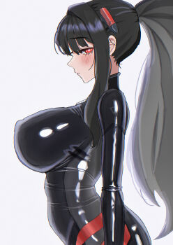 Rule 34 | 1girl, absurdres, black hair, blue archive, blush, bodysuit, breasts, commentary request, headgear, highres, korean commentary, large breasts, long hair, looking at viewer, mixed-language commentary, partial commentary, ponytail, red eyes, ringed eyes, rio (armed) (blue archive), rio (blue archive), simple background, solo, white background, youvv1104