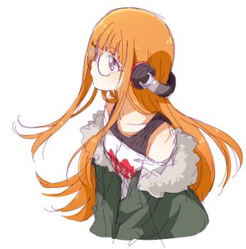 Rule 34 | 10s, 1girl, brown hair, female focus, glasses, headphones, long hair, looking to the side, namori, off shoulder, persona, persona 5, purple eyes, sakura futaba, simple background, sketch, solo, tank top, white background