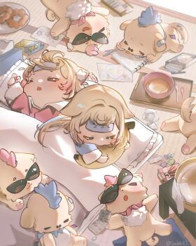 Rule 34 | 2girls, aged down, animal ear fluff, animal ears, banana, blanket, blonde hair, blue pajamas, candy, candy wrapper, chest fur, chibi, chibi only, closed eyes, commentary, crayon, day, dog ears, dog girl, donut, english commentary, fang, food, fruit, fuwawa abyssgard, highres, hololive, hololive english, indoors, messy hair, mini person, minigirl, mococo abyssgard, morning, multicolored hair, multiple girls, pajamas, pill, pillow, pink pajamas, pon de ring, ruffian (fuwamoco), siblings, sisters, sketchbook, skin fang, sleeping, sobbi11, spoon, streaked hair, sunglasses, sunlight, table, tatami, tissue box, twins, twitter username, under covers, used tissue, virtual youtuber, washbowl, wooden table