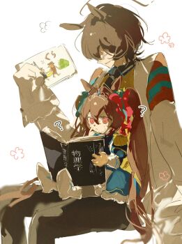 1boy 1girl ? agnes_tachyon_(tach-nology)_(umamusume) agnes_tachyon_(umamusume) animal_ears black_pants blue_dress book bow brown_hair closed_mouth coat daiwa_scarlet_(umamusume) dress epaulettes father_and_daughter frown genderswap genderswap_(ftm) hair_between_eyes hair_bow hair_intakes hair_ornament highres holding holding_book horse_boy horse_ears horse_girl horse_tail lab_coat long_hair long_sleeves necktie pants parted_lips pi_(zcvj3588) picture_book red_eyes shirt short_hair short_necktie simple_background sitting sitting_on_lap sitting_on_person sleeves_past_fingers sleeves_past_wrists smile sweater sweater_vest tail tiara twintails umamusume very_long_hair white_coat yellow_sweater yellow_sweater_vest