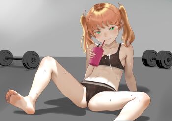 1girl absurdres arm_support bare_legs barefoot black_bra black_panties blonde_hair bra cameltoe closed_mouth drink drinking dumbbell feet female_focus flat_chest foot_out_of_frame green_eyes highres holding holding_drink loli looking_at_viewer luna_(the_candy_universe) msmonako navel panties short_hair short_twintails sitting smile soles solo sweat the_candy_universe thighs toes twintails underwear