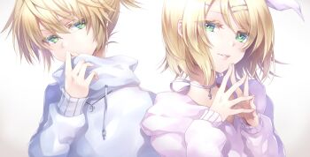Rule 34 | 1boy, 1girl, \||/, adjusting clothes, back-to-back, bass clef, blonde hair, bloom, bow, brother and sister, choker, colored eyelashes, commentary, covering own mouth, double-parted bangs, drawstring, eyes visible through hair, fingernails, green eyes, grin, hair between eyes, hair bow, hair ornament, hairclip, hand up, hands up, high ponytail, hood, hood down, hoodie, inverted eyelashes, jewelry, kagamine len, kagamine rin, lips, long sleeves, necklace, parallel hairclips, parted lips, pink choker, pink hoodie, pink ribbon, ponytail, puffy long sleeves, puffy sleeves, ribbon, ribbon choker, short hair, short ponytail, siblings, sidelocks, simple background, smile, steepled fingers, sweater, swept bangs, treble clef, turtleneck, turtleneck sweater, twins, ueno tsuki, untranslatable commentary, upper body, v-shaped eyebrows, vocaloid, white background, white bow, white sweater
