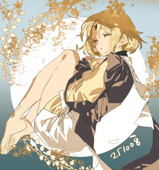 1girl barefoot blonde_hair bob_cut branch closed_eyes commentary dated facial_mark fetal_position floating forehead_mark from_side full_moon gradient_background haun highres kagamine_rin limited_palette long_sleeves moon parted_lips short_hair solo vocaloid