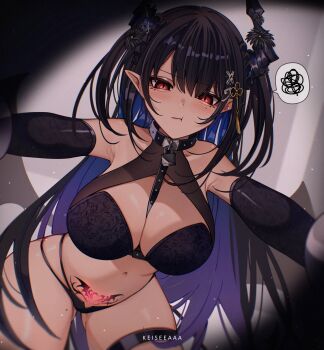 1girl alternate_ears asymmetrical_horns black_hair blue_hair breasts colored_inner_hair commentary demon_girl demon_horns demon_wings english_commentary highres hololive hololive_english horns keisea large_breasts long_hair mole mole_under_eye multicolored_hair nerissa_ravencroft pointy_ears pubic_tattoo red_eyes solo spoken_squiggle squiggle tattoo two-tone_hair uneven_horns virtual_youtuber wings