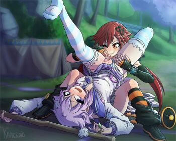 2girls artist_name blush choker commentary d-pad d-pad_hair_ornament english_commentary gloves hair_ornament hairclip hood hooded_track_jacket hoodie jacket jewelry khartemis long_hair megaphone multiple_girls neck_ring neptune_(neptunia) neptune_(series) open_mouth orange_eyes outdoors panties purple_eyes purple_hair pussy red_eyes red_hair short_hair sidelocks smile socks soles stick striped_clothes striped_panties striped_socks tennouboshi_uzume track_jacket twintails underwear usb very_long_hair yuri