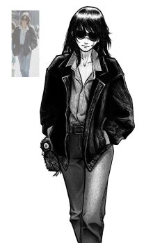 1girl chainsaw_man greyscale hand_in_pocket highres jacket monochrome name_is_less pants photo-referenced photo_inset shirt solo sunglasses war_devil_(chainsaw_man) yoru_(chainsaw_man)