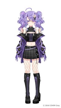 1girl absurdres ahoge belt black_belt black_choker black_gloves black_panties black_shirt black_skirt blonde_hair blue_hair boots choker cleavage_cutout clothing_cutout collarbone colored_inner_hair commentary_request copyright_notice crescent crescent_hair_ornament crop_top cup drinking_straw ear_piercing fingerless_gloves fishnets full_body gloves hair_ornament hairclip hairpin high_heels highleg highleg_panties highres holding holding_cup hololive hololive_indonesia jacket jewelry knee_boots long_sleeves looking_at_viewer medium_hair midriff moona_hoshinova moona_hoshinova_(punk_rock) multicolored_hair navel nyori off_shoulder official_alternate_costume official_alternate_hairstyle official_art panties piercing pink_hair pleated_skirt purple_eyes purple_hair purple_jacket shirt sidelocks simple_background skirt solo star_(symbol) star_hair_ornament starry_hair streaked_hair swept_bangs tachi-e triangle_hair_ornament twintails underwear virtual_youtuber wavy_hair white_background x_hair_ornament