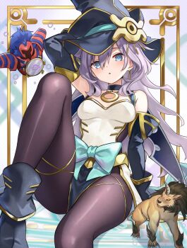 1girl :o ankle_boots arm_behind_head arm_up armor black_boots black_choker black_gloves blue_eyes blush boots bow breasts choker duel_monster earrings elbow_gloves eye_of_horus gazelle_the_king_of_mythical_claws gloves gold_earrings hair_between_eyes hat highres horns jewelry leg_up long_hair medium_breasts mirror_swordknight monster nightmare_apprentice pantyhose parted_lips pelvic_curtain purple_hair single_horn sitting waist_bow witch wizard_hat yu-gi-oh! zen77766