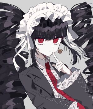 Rule 34 | 1girl, black hair, black jacket, celestia ludenberg, center frills, commentary, danganronpa: trigger happy havoc, danganronpa (series), drill hair, earrings, frills, gothic lolita, grey background, highres, jacket, jewelry, lolita fashion, long hair, long sleeves, looking at viewer, necktie, red eyes, red necktie, shirt, simple background, solo, su pe (tgvxmjeuje4044), untranslatable commentary, twin drills, twintails, upper body, wide sleeves