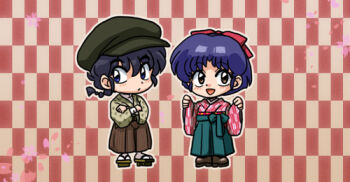 1boy 1girl blue_hair bow braid braided_ponytail chibi hair_bow looking_up lowres open_mouth ranma_1/2 red_bow saotome_ranma short_hair tendou_akane wanta_(futoshi)