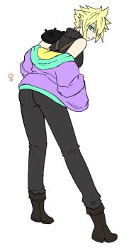 1girl 7hanada armor ass blonde_hair blue_eyes breasts closed_mouth cloud_strife commentary_request final_fantasy final_fantasy_vii full_body genderswap genderswap_(mtf) long_hair looking_at_viewer pants short_hair shoulder_armor simple_background sleeveless sleeveless_turtleneck solo turtleneck white_background