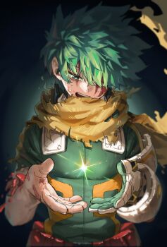 1boy absurdres bodysuit boku_no_hero_academia cowboy_shot gloves glowing green_bodysuit green_eyes green_hair green_tea_(matchaistasty) highres male_focus midoriya_izuku scarf short_hair simple_background solo tears white_gloves yellow_scarf