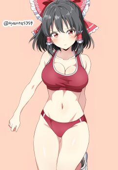 1girl blush bow breasts brown_hair buruma commentary_request gradient_background hair_bow hair_tubes hakurei_reimu highres kyanta5354 long_hair looking_at_viewer medium_breasts navel pink_eyes red_bow red_buruma red_eyes red_sports_bra solo sports_bra touhou twitter_username