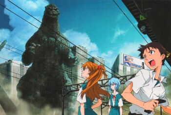 2boys 2girls ayanami_rei blue_eyes blue_sky breasts brown_hair city company_connection crossover day dress expressionless godzilla godzilla_(series) honda_takeshi ikari_shinji interface_headset_(evangelion) jacket kaiju long_hair looking_at_another looking_at_viewer multiple_boys multiple_girls neon_genesis_evangelion official_art scan school_uniform sharp_teeth shirt short_hair skirt sky souryuu_asuka_langley standing sundress suspender_skirt suspenders teeth toho tokyo-3_middle_school_uniform what white_shirt yellow_dress