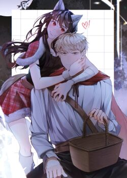 1boy 1girl absurdres animal_costume basket big_bad_wolf big_bad_wolf_(cosplay) black_hair blonde_hair blue_eyes blush breasts capelet cloak cosplay couple dress earrings gold_earrings halloween halloween_costume hetero highres holding holding_basket hood hooded_capelet hooded_cloak husband_and_wife ideksams jewelry large_breasts little_red_riding_hood_(fairy_tale_character) little_red_riding_hood_(fairy_tale_character)_(cosplay) long_hair long_sleeves open_mouth picnic_basket red_capelet red_cloak red_eyes shirt short_hair sidelocks smile spy_x_family teeth twilight_(spy_x_family) wolf_costume yor_briar