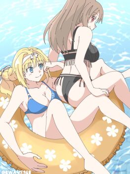 Rule 34 | alice zuberg, ass, bare legs, bare shoulders, black one-piece swimsuit, blonde hair, blue eyes, blue one-piece swimsuit, blush, braid, breasts, brown hair, buoy, bwave968, cleavage, eydis (sao), hair ornament, happy, large breasts, long hair, one-piece swimsuit, ponytail, red eyes, ribbon, smile, swimsuit, sword art online, sword art online: alicization, water