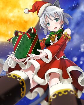 1girl animal_ears artist_request belt_collar blush box cat_ears cat_girl cat_tail christmas collar flying full_moon gift gift_box green_eyes hat holding moon night non-web_source official_alternate_costume official_art open_mouth outdoors santa_costume santa_hat sanya_v._litvyak short_hair snowing strike_witches striker_unit tail white_hair world_witches_series