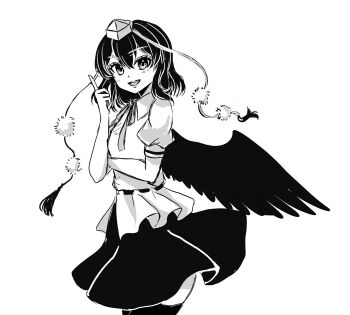 Rule 34 | 1girl, bird wings, collared shirt, commentary request, greyscale, hat, highres, looking at viewer, medium hair, mitsu~, monochrome, open mouth, pom pom (clothes), puffy short sleeves, puffy sleeves, shameimaru aya, shirt, short sleeves, skirt, smile, solo, thighhighs, tokin hat, touhou, wings