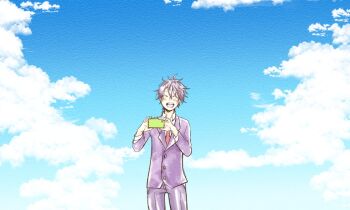 1boy blue_sky blush camera cellphone closed_eyes cloud grimm_(re:zero) holding holding_phone light_smile necktie nranta other_pov phone purple_hair re:zero_kara_hajimeru_isekai_seikatsu red_cross_tie school_uniform short_hair sky solo sunlight two-point_perspective