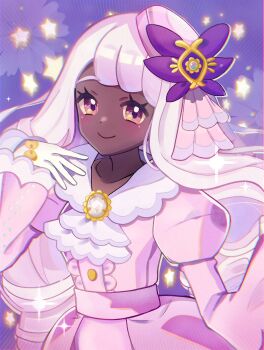 1girl blush closed_mouth collarbone dark_skin dress gloves hair_ornament highres jacinthe_(pokemon) long_sleeves looking_at_viewer mega_stone nintendo pink_dress pink_hair pokemon pokemon_(creature) pokemon_legends:_z-a puffy_long_sleeves puffy_sleeves purple_eyes smile solo user_gnsj5272 white_gloves