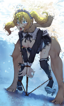 1boy 1girl absurdres air_bubble apron asphyxiation bdsm black_socks blonde_hair blue_eyes blush bondage bound bound_wrists bubble commission drowning frills hayasaka_ai hetero high_heels highres holding_breath kaguya-sama_wa_kokurasetai_~tensai-tachi_no_renai_zunousen~ kneehighs left_shoe_removed maid maid_apron mary_janes nipple_piercing open_mouth peril piercing puffy_cheeks rape restrained rou_(rou22) second-party_source sex sex_from_behind shoe_dangle shoe_soles shoes socks strangling torn_clothes twintails underwater white_footwear