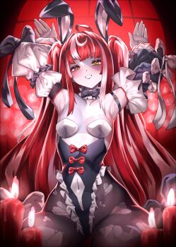 1girl absurdres ahoge alternate_costume animal_ears armpits arms_up bare_shoulders candle colored_skin detached_collar fake_animal_ears grey_skin heterochromia highres hololive hololive_indonesia kureiji_ollie leotard long_hair looking_at_viewer multicolored_hair multicolored_skin pantyhose patchwork_skin pink_hair playboy_bunny rabbit_ears red_eyes red_hair smile solo stitched_face stitched_torso stitches strapless strapless_leotard symbol-shaped_pupils torn_clothes torn_pantyhose twintails umamii virtual_youtuber x-shaped_pupils yellow_eyes zombie