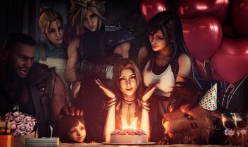 3boys 3d 4girls aerith_gainsborough apron armor asymmetrical_bangs balloon barret_wallace birthday_cake black_hair blonde_hair bracelet brown_hair brown_vest cake candle child choker closed_eyes cloud_strife crossed_arms dress elmyra_gainsborough facial_mark father_and_daughter final_fantasy final_fantasy_vii final_fantasy_vii_remake fingerless_gloves food gainsborough_house gloves green_dress hair_between_eyes hair_bun hand_on_another&#039;s_head hands_up hat highres jacket jewelry long_hair marlene_wallace multiple_boys multiple_girls muscular muscular_male necklace parted_bangs party_hat plate red_fur red_jacket red_xiii ria-neearts scar scar_on_face shirt shoulder_armor sidelocks single_hair_bun sleeveless sleeveless_turtleneck spiked_hair square_enix tifa_lockhart torn_clothes torn_sleeves turtleneck upper_body very_long_hair vest wavy_hair white_shirt