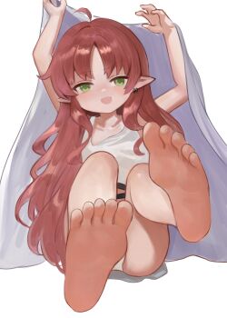 1girl ahoge arknights arms_up barefoot camisole collarbone commentary dokomon earrings feet flat_chest foot_focus foreshortening green_eyes highres jewelry long_hair looking_at_viewer myrtle_(arknights) open_mouth panties pointy_ears presenting_foot red_hair simple_background sitting soles solo toes underwear white_background white_camisole white_panties