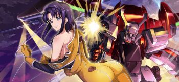 1girl artist_request ass assault_rifle bodysuit breasts cecile_croomy closed_mouth cloud code_geass code_geass:_lost_stories cowboy_shot dressing dutch_angle female_focus firing from_behind game_cg gloves gun highres holding holding_gun holding_weapon long_sleeves looking_at_viewer looking_back matching_hair/eyes mecha medium_breasts medium_hair muzzle_flash non-web_source off_shoulder official_art orange_bodysuit orange_gloves outdoors purple_eyes purple_hair purple_sky rifle robot sidelocks single_bare_shoulder skin_tight sky solo standing sunset sutherland_(code_geass) weapon