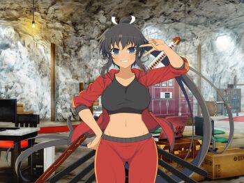 1girl ahoge black_hair black_sports_bra blush bookshelf box breasts cabinet cardboard_box cave chair collarbone computer dark-skinned_female dark_skin gluteal_fold green_eyes grin groin hair_ribbon hanging_light high_ponytail homura_(senran_kagura) jacket katana laptop large_breasts linea_alba long_hair looking_at_viewer navel ootachi open_clothes open_jacket ponytail red_track_jacket red_track_suit ribbon scabbard senran_kagura senran_kagura_new_link senran_kagura_shoujo-tachi_no_shin'ei sheath sheathed sidelocks smile solo sports_bra sword table tan teeth track_suit tsuba_(guard) tsuka-ito v v_over_eye very_long_hair weapon white_ribbon