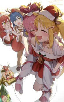 6+girls :d ^_^ absurdres antlers blonde_hair blue_hair bocchi_the_rock! carrying carrying_person christmas christmas_tree closed_eyes commentary_request deer_antlers dress gotoh_hitori hat highres hiroi_kikuri horns ijichi_nijika ijichi_seika kita_ikuyo multiple_girls open_mouth pa-san pantyhose piggyback pink_hair princess_carry red_hair red_hat santa_costume santa_dress santa_hat seisyuntarotto simple_background sleigh smile white_background white_pantyhose yamada_ryo