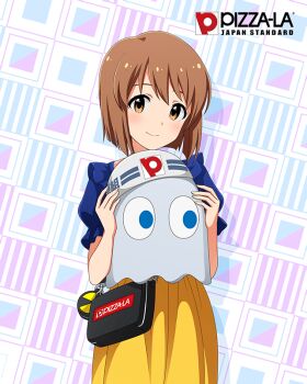 1girl bag brown_eyes brown_hair card_(medium) english_text ghost hagiwara_yukiho handbag hard_hat helmet holding idolmaster idolmaster_million_live! idolmaster_million_live!_theater_days official_art pac-man_(game) skirt smile