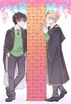 2boys albus_severus_potter black_hair black_robe blonde_hair blue_eyes cazo2ji green_eyes green_necktie harry_potter_(series) harry_potter_and_the_cursed_child highres hogwarts_school_uniform male_focus multiple_boys necktie robe school_uniform short_hair slytherin smile striped_necktie wizarding_world