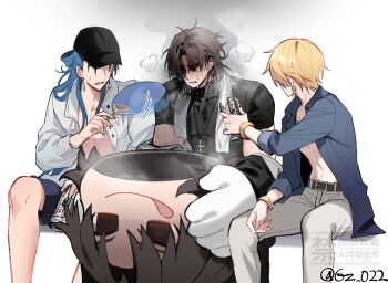 3boys beer_can belt black_shirt blonde_hair blue_hair blue_jacket bracelet brown_hair can cu_chulainn_(caster)_(fate) cu_chulainn_(fate) cu_chulainn_(tropical_rune_summer)_(fate) drink_can earrings fang fanning fate/grand_order fate_(series) gilgamesh gilgamesh_(caster)_(fate) gilgamesh_(establishment)_(fate) gilgamesh_(fate) gz_(gyoju) highres holding_mascot_head jacket jewelry kire-chan kotomine_kirei male_focus mascot_costume multiple_boys pants shirt shorts sitting skin_fang steaming_body sweat white_jacket