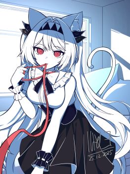 Rule 34 | absurdres, animal collar, animal ears, black hairband, black ribbon, black skirt, black wrist cuffs, bow, breasts, cat ears, cat girl, cat tail, chest guard, choker, collar, commentary, english commentary, frilled shirt, frilled wrist cuffs, frills, hairband, highres, holding, holding leash, kemonomimi mode, kiritapon (ihoke ), large breasts, leash, leash in mouth, lilith (the noexistencen of you and me), mismatched wrist cuffs, mouth hold, pale skin, pillow, red collar, red eyes, red ribbon, ribbon, ribbon in mouth, shirt, skirt, sleeveless, spot color, tail, the noexistencen of you and me, two-tone headband, white bow, white hair, white wrist cuffs, window, wrist cuffs