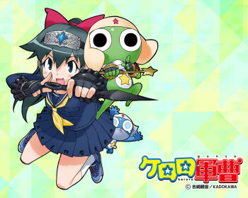 Rule 34 | 1girl, 2boys, azumaya koyuki, black eyes, black hair, blue eyes, copyright name, dororo (keroro gunsou), fingerless gloves, frog, full body, gloves, green background, hat, keroro, keroro gunsou, kunai, long hair, looking at viewer, mask, mouth mask, multiple boys, ninja mask, official art, official wallpaper, ribbon, school uniform, serafuku, shoes, simple background, skirt, socks, star (symbol), weapon, yoshizaki mine