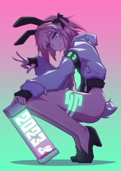 1boy 2023 absurdres alternate_costume animal_ears aqua_background astolfo_(fate) bare_legs black_bow black_footwear black_hairband bow braid chinese_commentary chinese_zodiac closed_mouth commentary commentary_request english_commentary expressionless fake_animal_ears fake_tail fang fate/grand_order fate_(series) from_side full_body glowing glowing_tattoo gradient_background hair_bow hair_intakes hairband hej_510 high_heels highres hood hooded_jacket jacket leg_tattoo long_hair long_sleeves male_focus male_playboy_bunny mixed-language_commentary no_socks nontraditional_playboy_bunny pink_background pink_hair playboy rabbit_ears rabbit_tail shadow simple_background single_braid skin_fang sleeves_past_wrists solo squatting tail tattoo tiptoes trap two-tone_background v white_jacket year_of_the_rabbit