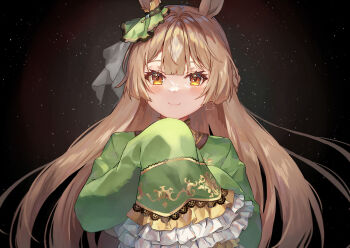 Rule 34 | 1girl, absurdres, animal ears, blush, braid, brown eyes, brown hair, closed mouth, commentary, double-parted bangs, dress, ear ornament, frills, green dress, green jacket, hair between eyes, half up braid, highres, horse ears, horse girl, jacket, long hair, long sleeves, looking at viewer, multicolored hair, satono diamond (natural brilliance) (umamusume), satono diamond (umamusume), sleeves past fingers, sleeves past wrists, smile, solo, streaked hair, umamusume, upper body, yoru usagi