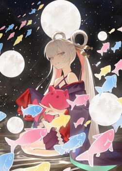 Rule 34 | 1girl, amon wwww, backlighting, bare shoulders, black kimono, blue eyes, cho kaguya-hime!, commentary request, fish, flying fish, fox shadow puppet, full body, full moon, hair ornament, hair rings, hair stick, highres, japanese clothes, kimono, long hair, long sleeves, looking at viewer, moon, multiple moons, night, octopus, runami yachiyo, school of fish, sitting, sky, smile, solo, star (sky), starry sky, twintails, very long hair, white hair