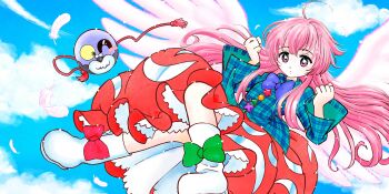 Rule 34 | 1girl, ahoge, artist request, blue sky, boots, bow, bowtie, cloud, collared shirt, day, embellished costume, falling feathers, feathers, game cg, green bow, green shirt, hata no kokoro, highres, long hair, long sleeves, looking at viewer, mask, official art, pink eyes, pink feathers, pink hair, pink wings, plaid clothes, plaid shirt, purple bow, purple bowtie, red bow, shirt, sky, solo, third-party source, touhou, touhou lostword, unworn mask, very long hair, white boots, wide sleeves, wings